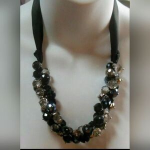 Ali-Kahn N.Y. Crystal Cluster Bead Necklace Black Silver Clear Ribbon Adjustable